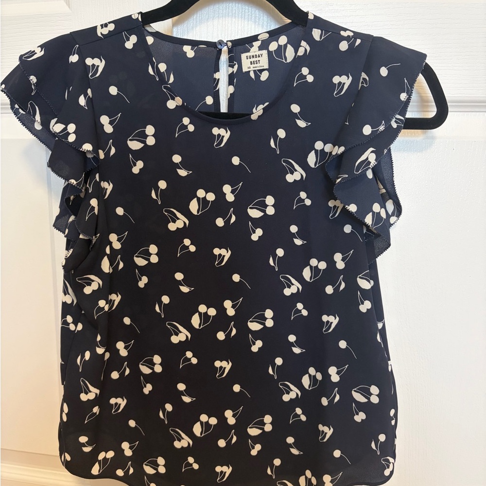 Sunday Best Navy Blouse with White Cherry Print and Flutter Sleeves